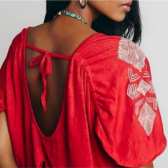 Free People Boho Embroidered Top S โ Open Back Flutter Sleeve Red Festival EUC - Picture 7 of 12
